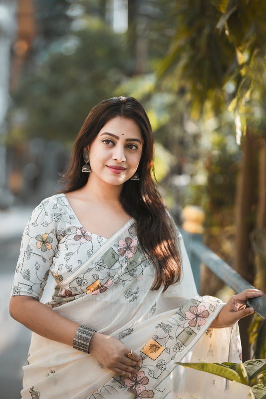 Cream Linen Saree