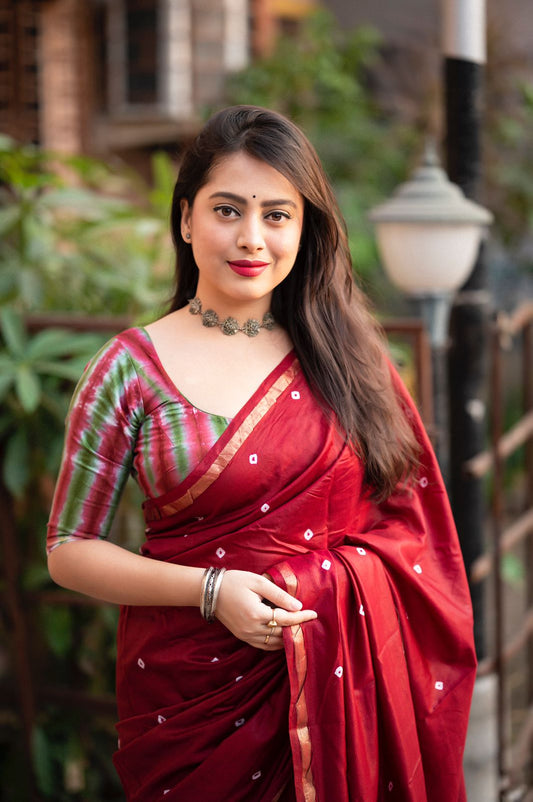 Marron Bandhej and shibori Print Saree