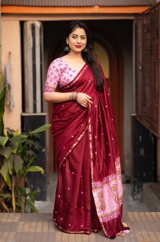 Marron Bandhej and Block Print Saree