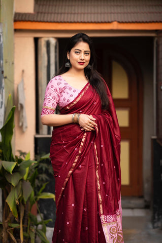 Marron Bandhej and Block Print Saree