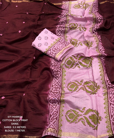 Marron Bandhej and Block Print Saree