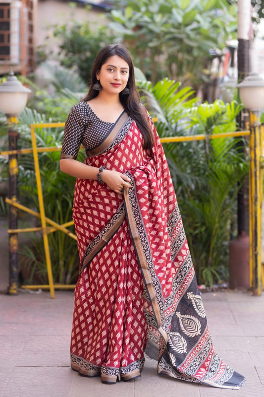 Trendy Ajrakh Style Printed Soft Cotton Crepe Saree with Zari Pattu Border