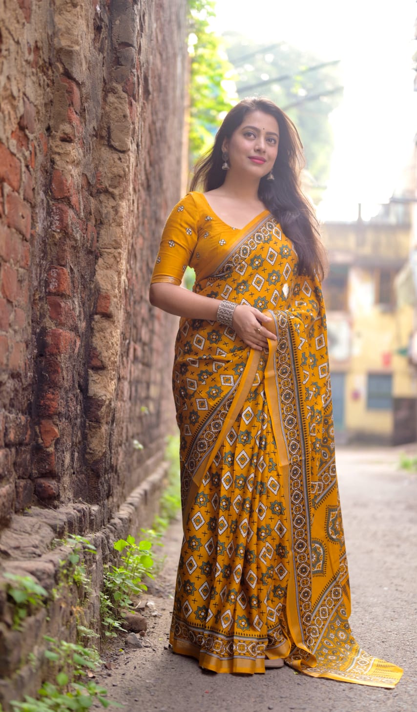 Soft Cotton Feel Saree with Ajrakh Prints & Zari Woven Border