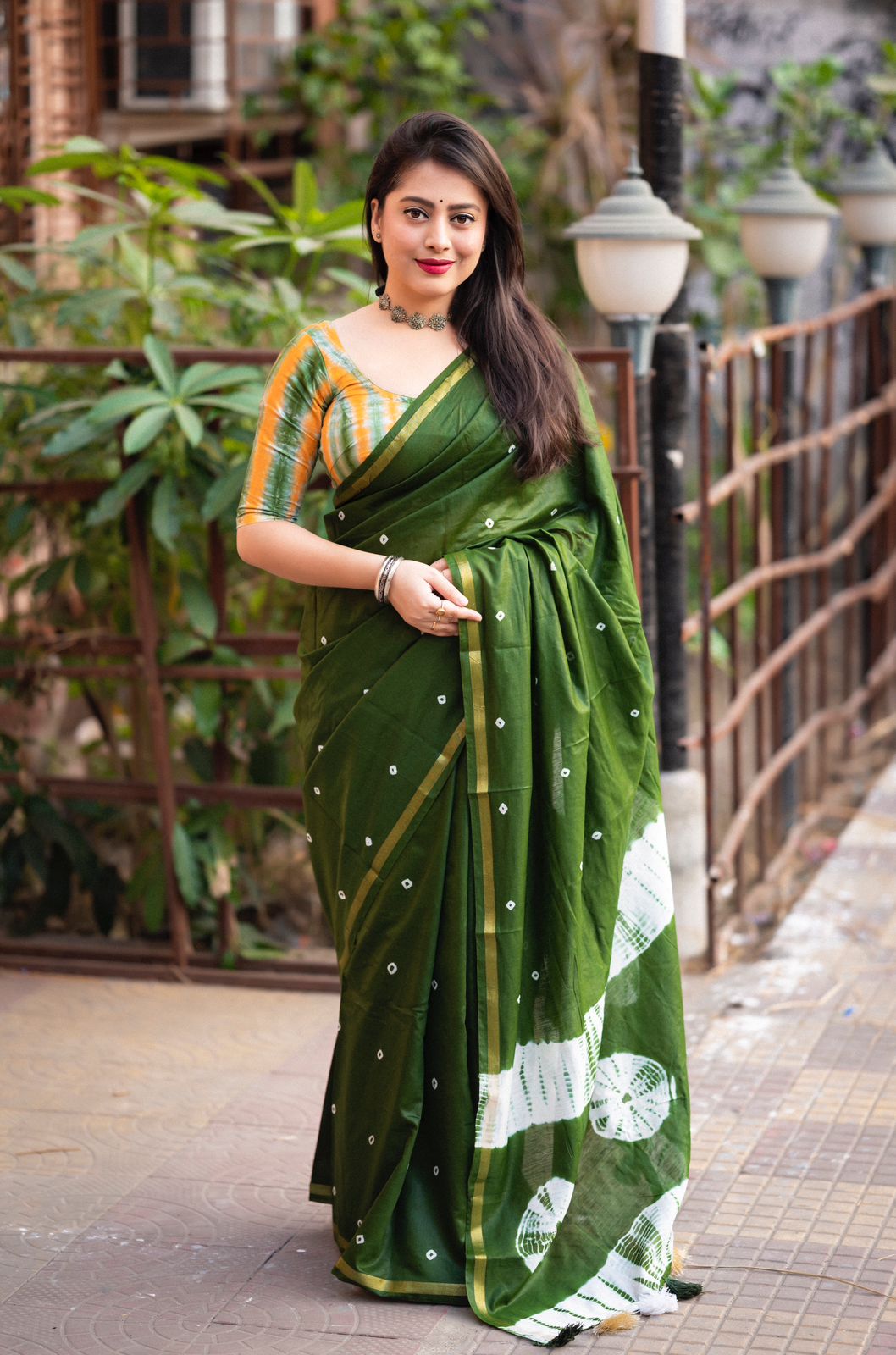 Green Bandhej and shibori Print Saree