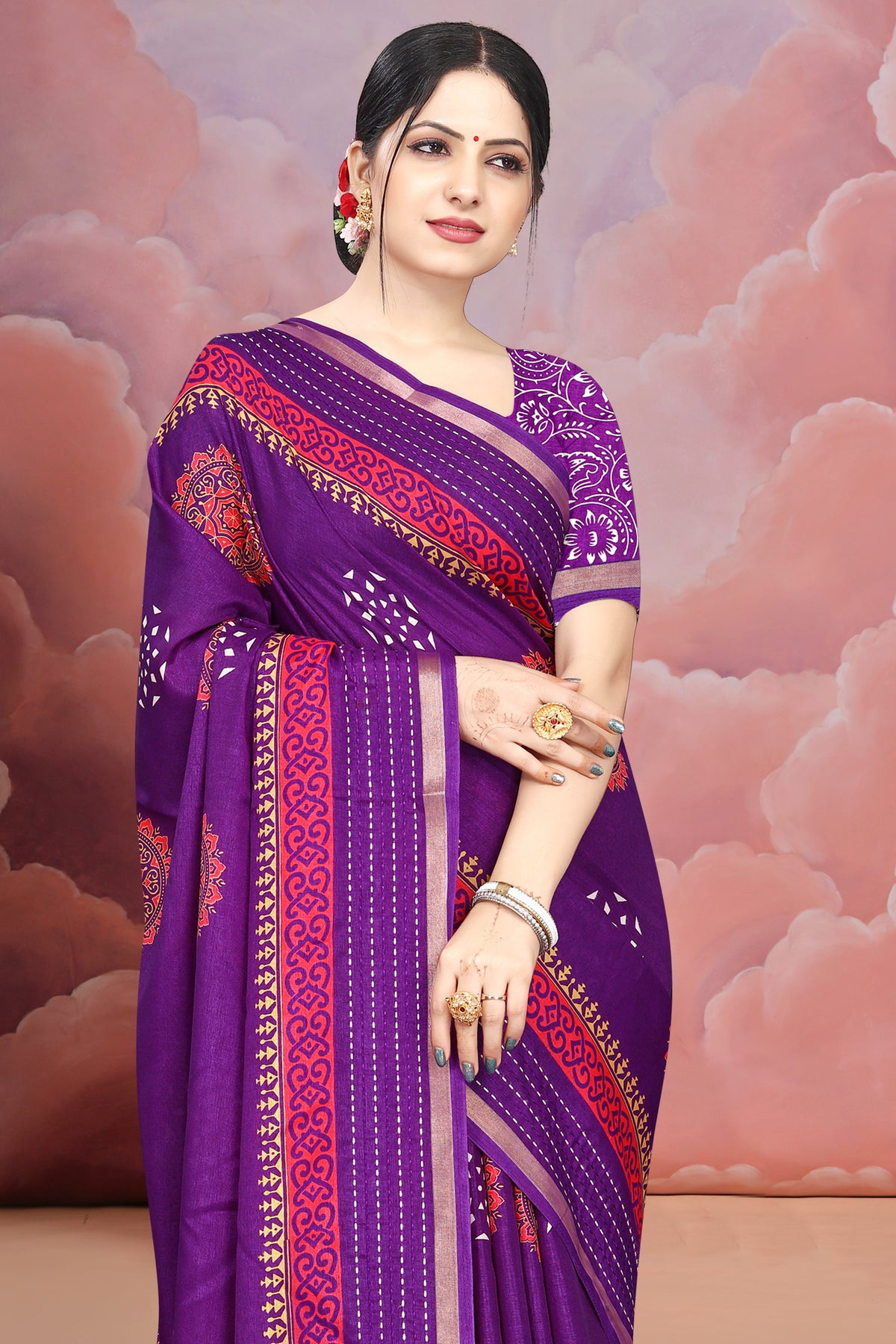 Purple Premium Batik Print Saree