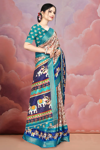 Mangalgiri Soft Cotton Crepe Silk Saree with Digital Kalamkari Print & Jacquard Border