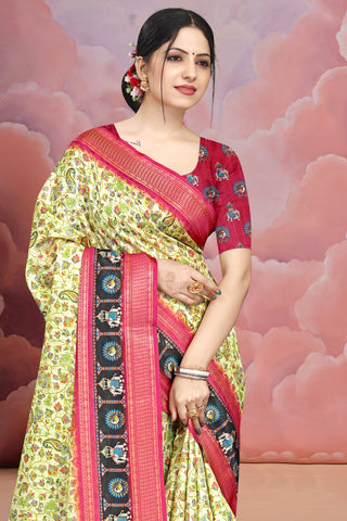 Mangalgiri Soft Cotton Crepe Silk Saree with Digital Kalamkari Print & Jacquard Border