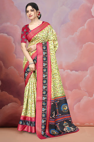 Mangalgiri Soft Cotton Crepe Silk Saree with Digital Kalamkari Print & Jacquard Border