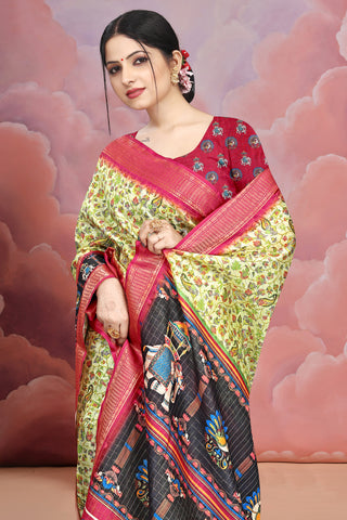 Mangalgiri Soft Cotton Crepe Silk Saree with Digital Kalamkari Print & Jacquard Border