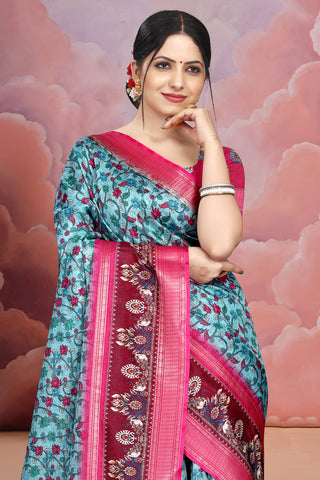 Mangalgiri Soft Cotton Crepe Silk Saree with Digital Kalamkari Print & Jacquard Border