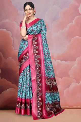 Mangalgiri Soft Cotton Crepe Silk Saree with Digital Kalamkari Print & Jacquard Border