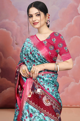 Mangalgiri Soft Cotton Crepe Silk Saree with Digital Kalamkari Print & Jacquard Border