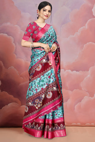 Mangalgiri Soft Cotton Crepe Silk Saree with Digital Kalamkari Print & Jacquard Border