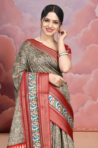 Mangalgiri Soft Cotton Crepe Silk Saree with Digital Kalamkari Print & Jacquard Border