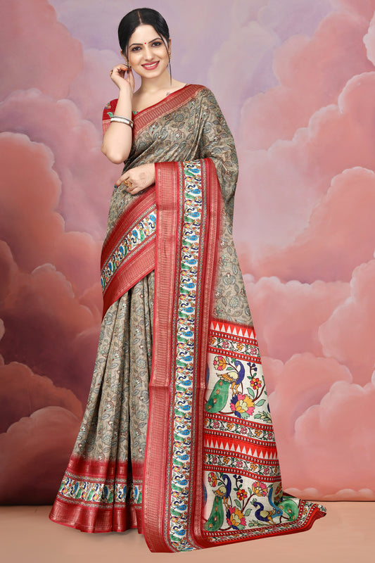 Mangalgiri Soft Cotton Crepe Silk Saree with Digital Kalamkari Print & Jacquard Border