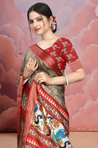 Mangalgiri Soft Cotton Crepe Silk Saree with Digital Kalamkari Print & Jacquard Border