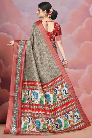 Mangalgiri Soft Cotton Crepe Silk Saree with Digital Kalamkari Print & Jacquard Border