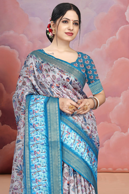 Mangalgiri Soft Cotton Crepe Silk Saree with Digital Kalamkari Print & Jacquard Border