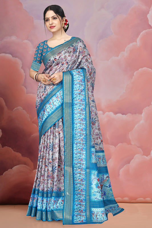 Mangalgiri Soft Cotton Crepe Silk Saree with Digital Kalamkari Print & Jacquard Border