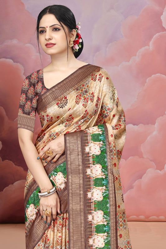 Mangalgiri Soft Cotton Crepe Silk Saree with Digital Kalamkari Print & Jacquard Border