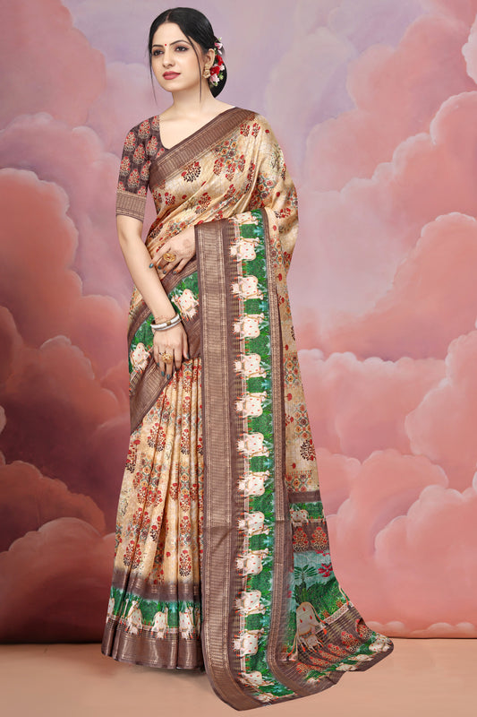 Mangalgiri Soft Cotton Crepe Silk Saree with Digital Kalamkari Print & Jacquard Border