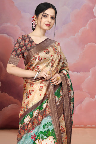 Mangalgiri Soft Cotton Crepe Silk Saree with Digital Kalamkari Print & Jacquard Border