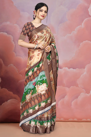 Mangalgiri Soft Cotton Crepe Silk Saree with Digital Kalamkari Print & Jacquard Border