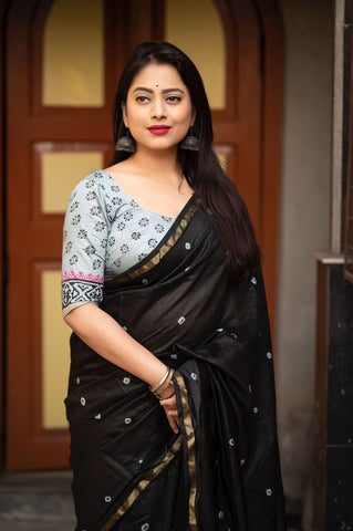 Black Bandhej and Block Print Saree