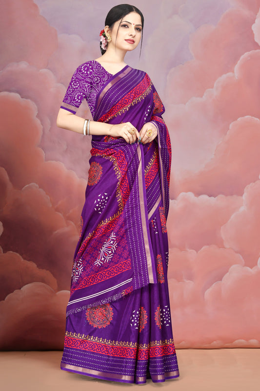 Purple Premium Batik Print Saree