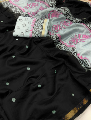 Black Bandhej and Block Print Saree