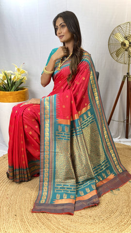 Paithani sarees with a peacock style contrast weaving border