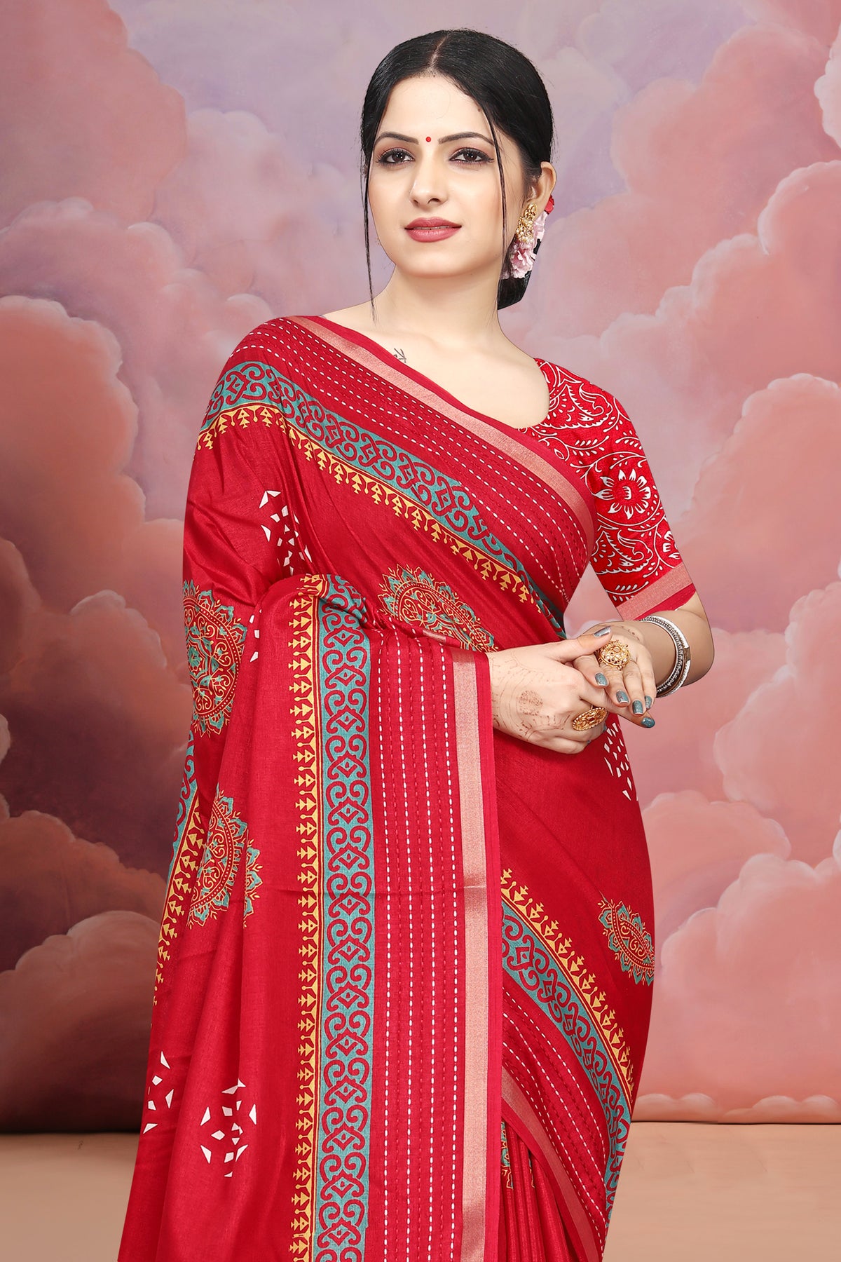 Red Premium Batik Print Saree