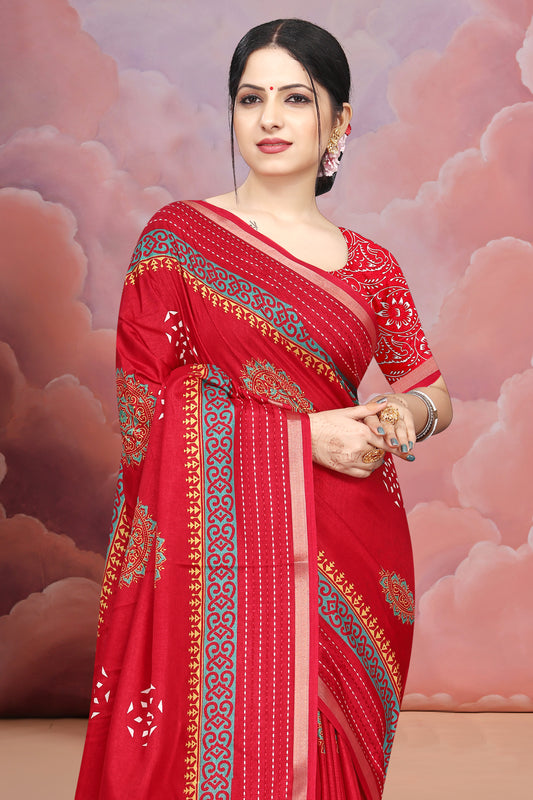 Red Premium Batik Print Saree