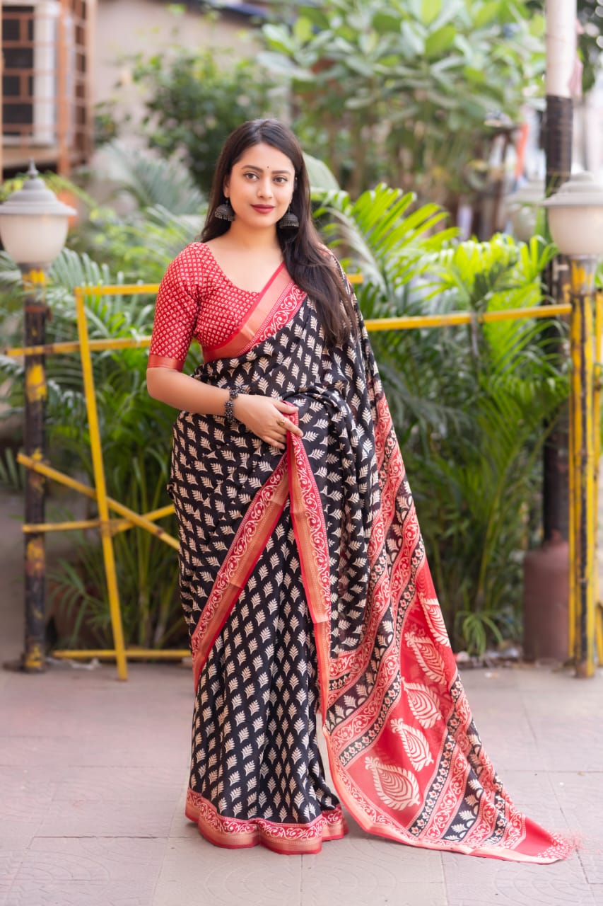 Trendy Ajrakh Style Printed Soft Cotton Crepe Saree with Zari Pattu Bordr