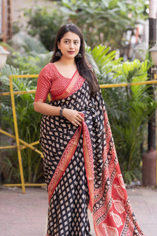 Trendy Ajrakh Style Printed Soft Cotton Crepe Saree with Zari Pattu Bordr