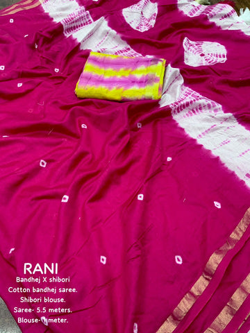 Rani  Bandhej and shibori Print Saree