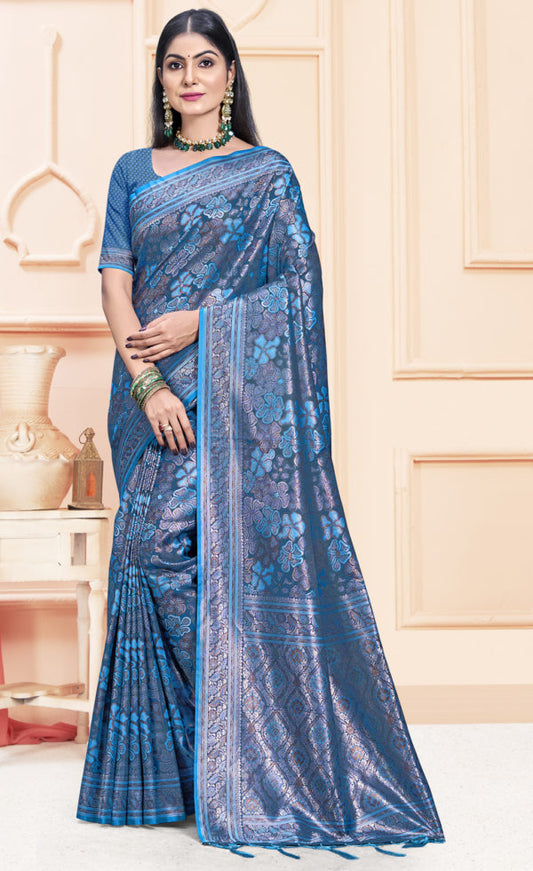 Dazzling Blue Color Satin Silk Saree