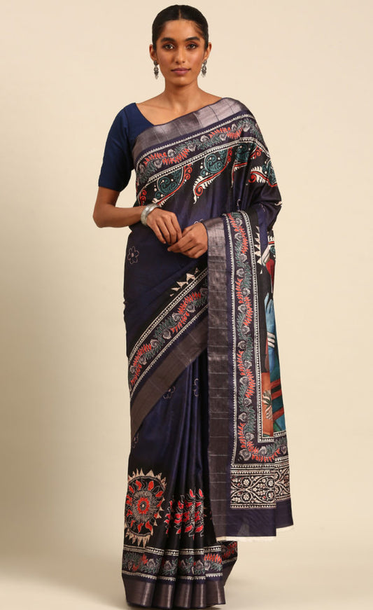 Amazing Navy Blue Color Cotton Printed Saree