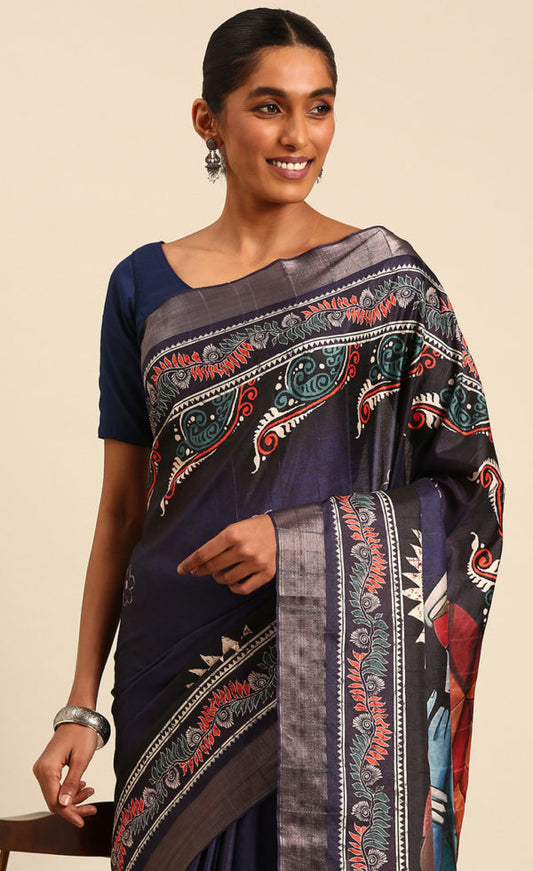 Amazing Navy Blue Color Cotton Printed Saree