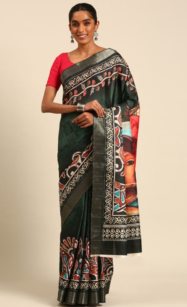 Amazing Bottle Green Color Cotton Printed Saree