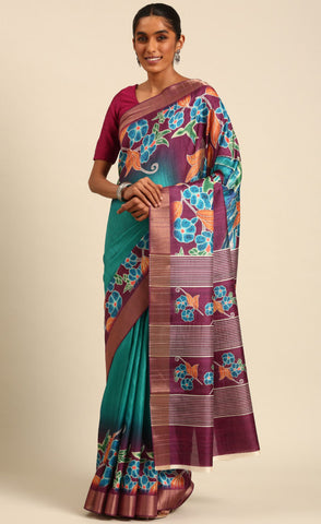 Amazing Firozi Color Cotton Printed Saree