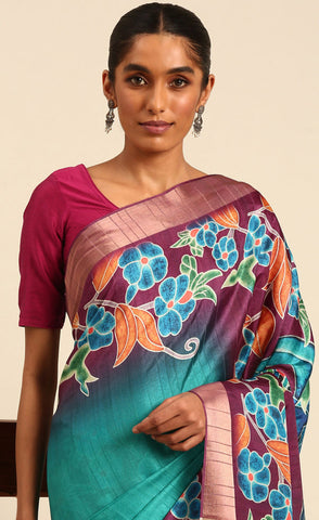 Amazing Firozi Color Cotton Printed Saree