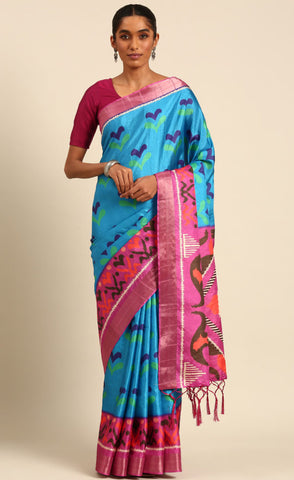 Amazing Sky Blue Color Cotton Printed Saree