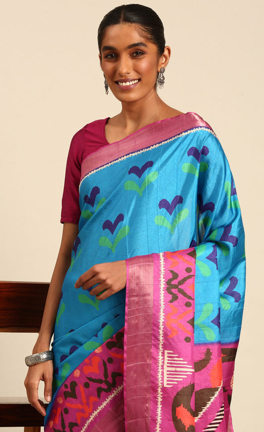 Amazing Sky Blue Color Cotton Printed Saree