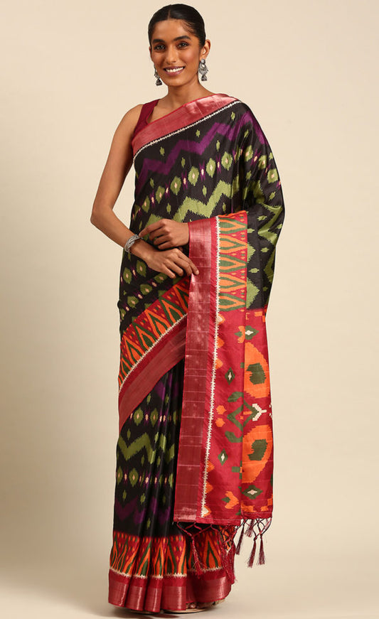 Amazing Black Color Cotton Printed Saree