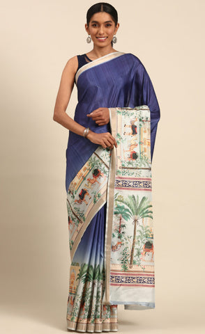 Refined Blue Color Cotton Digital Printed Saree