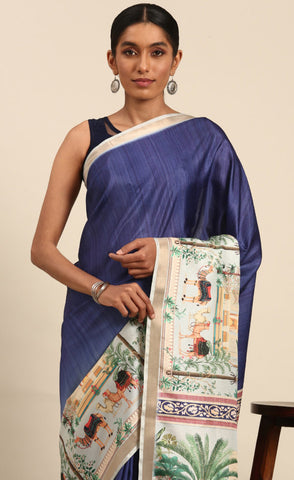 Refined Blue Color Cotton Digital Printed Saree