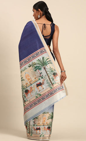 Refined Blue Color Cotton Digital Printed Saree