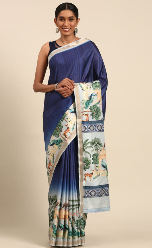 Stunning Blue Color Cotton Digital Printed Saree