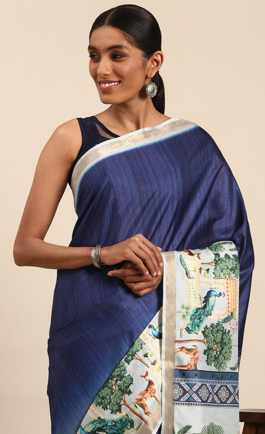 Stunning Blue Color Cotton Digital Printed Saree